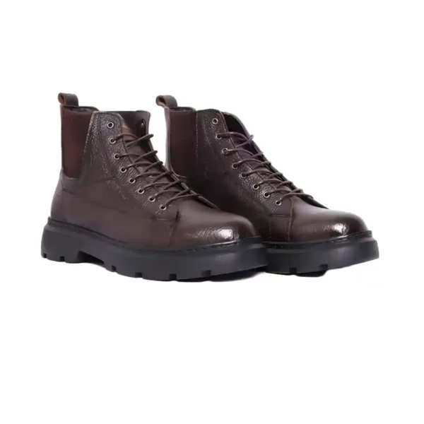 Bottine Hybride Chelsea-Lacet en Cuir Grainé Marron