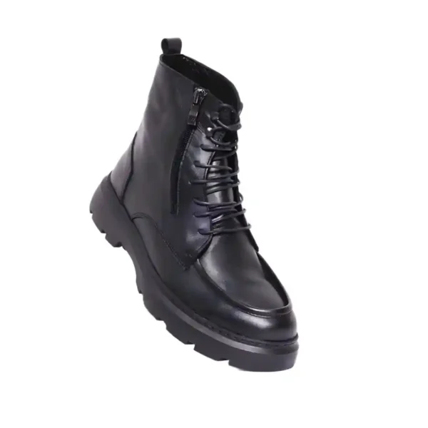 Bottine en Cuir Noir avec Lacets et Fermeture Éclair