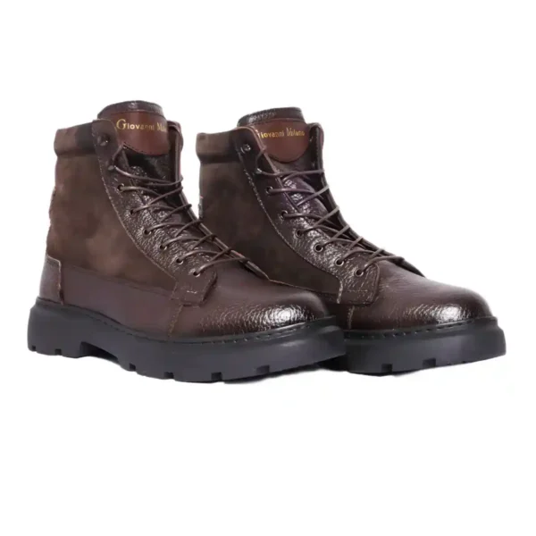 Bottine Montante en Cuir Grainé et Nubuck Marron