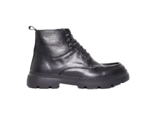 Bottine en Cuir Lisse et Grainé Noir à Semelle Crantée