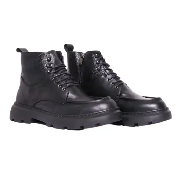 Bottine en Cuir Lisse et Grainé Noir à Semelle Crantée