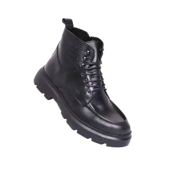 Bottine en Cuir Lisse et Grainé Noir à Semelle Crantée