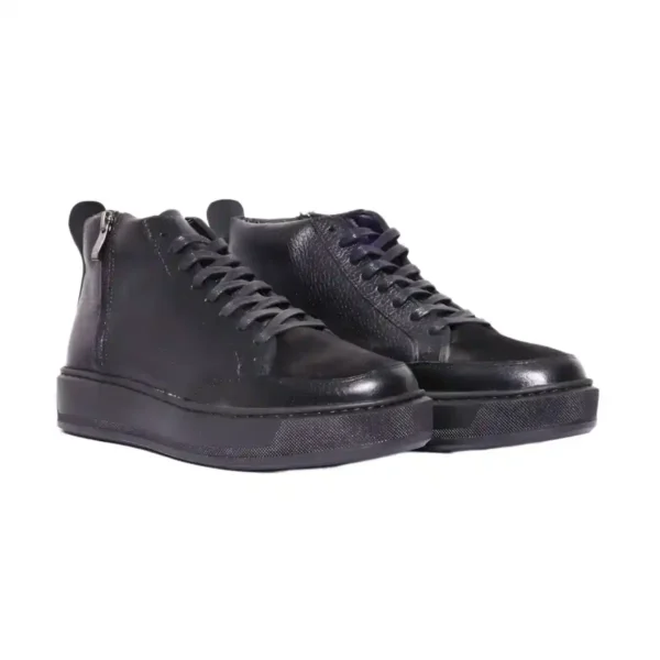 90012 Sneaker Montante en Cuir Grainé Noir avec Zip